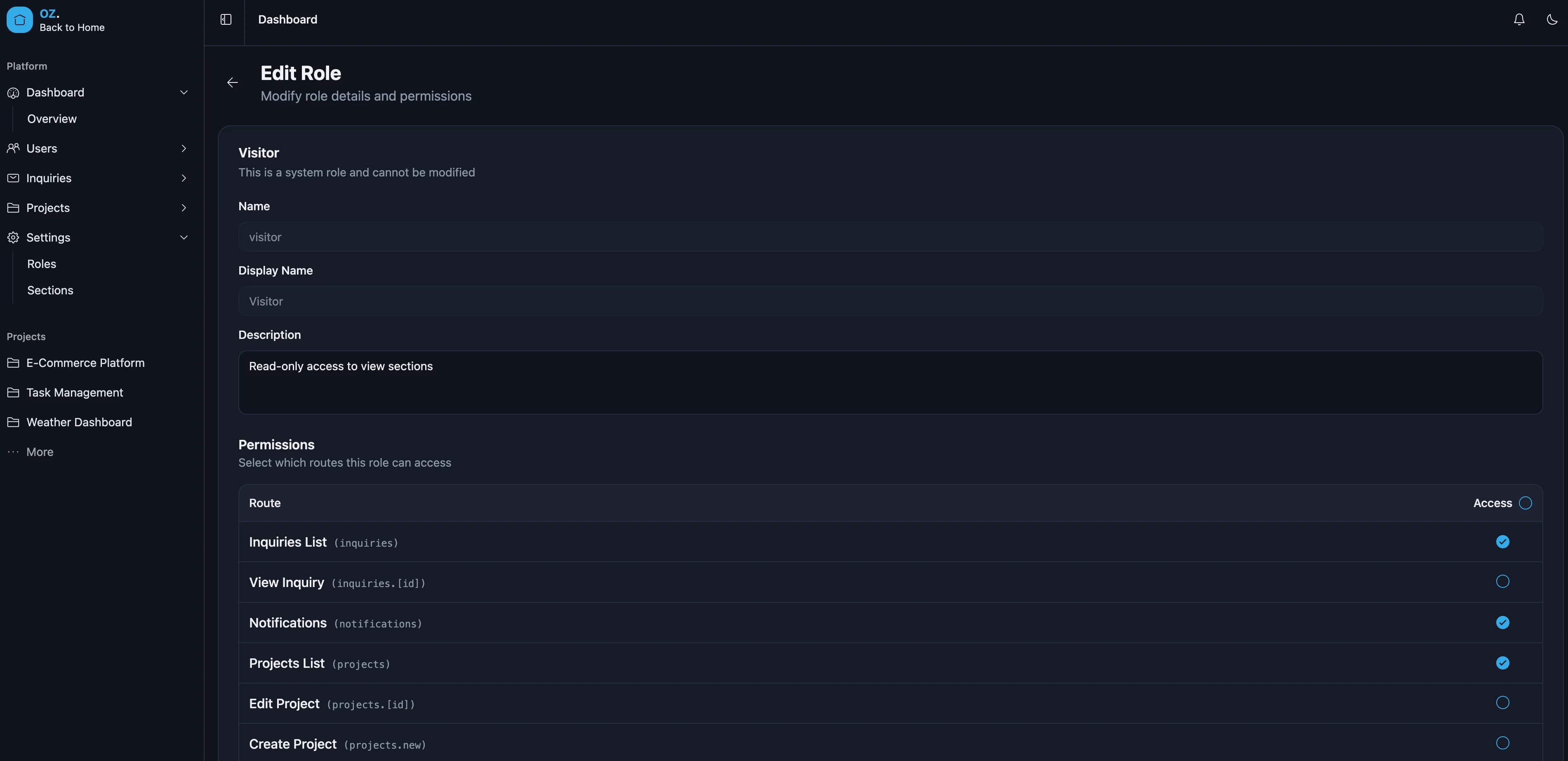Role permissions configuration